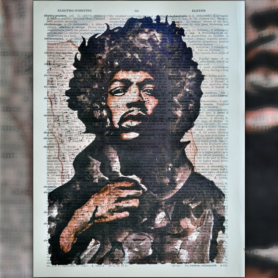 Jimi Hendrix Hand - Collage Art on Large Real English Dictionary Vintage Book Page