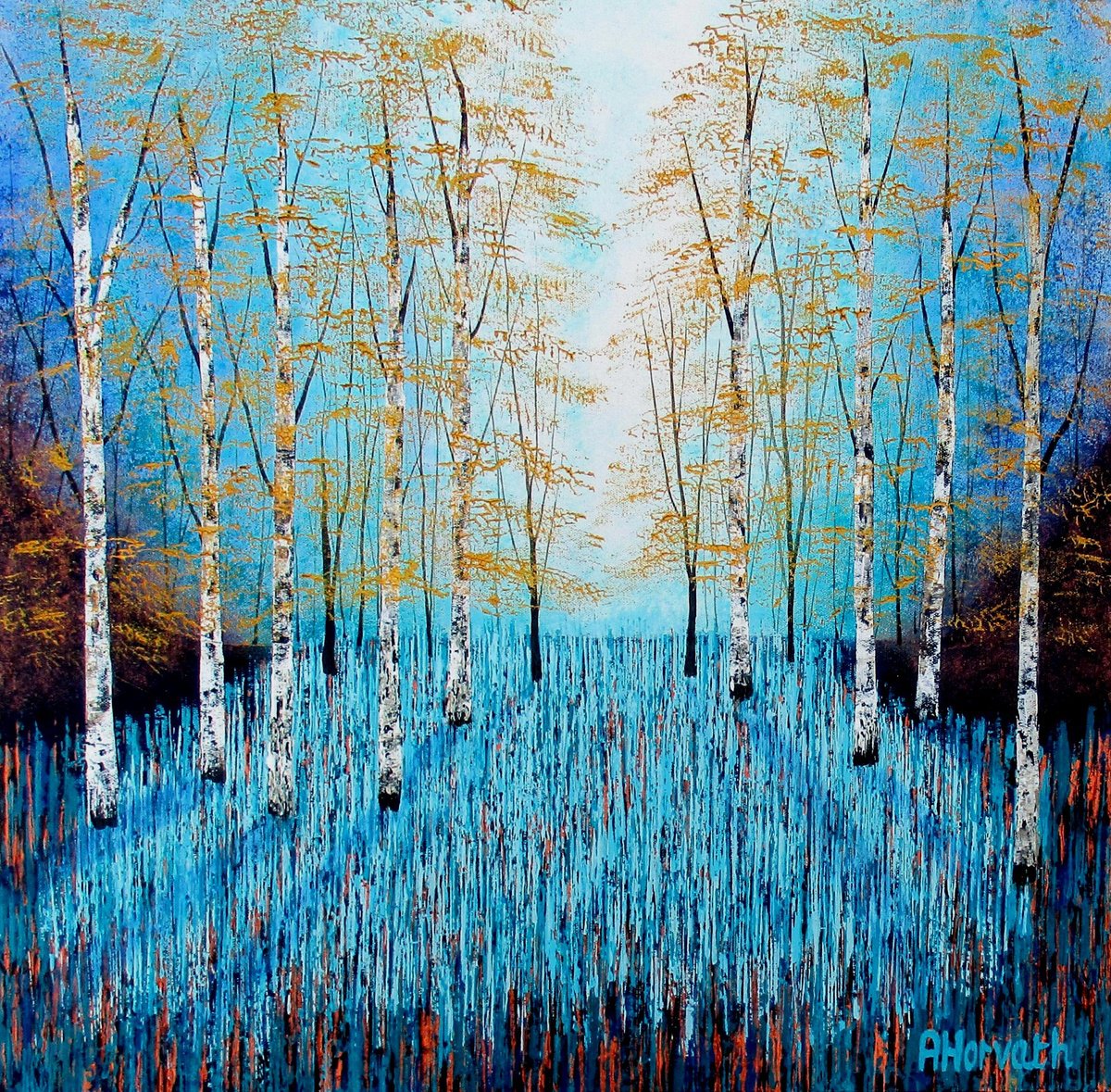 Impressionistic Landscape Acrylic Painting By Amanda Horvath, 24 X 24, Silver Birch Wood, Original Artwork