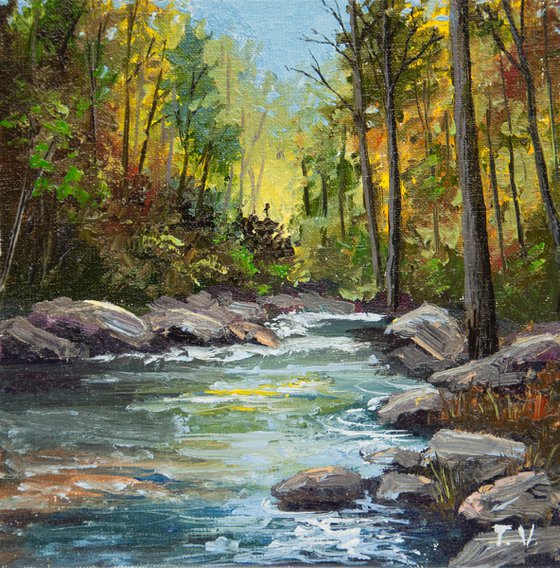 Forest stream. Oil painting. Original art.