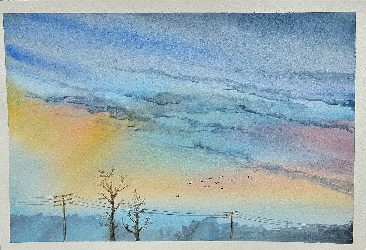 Impressionistic Landscape Drawing By Ksenia June, 10 X 7", Spring Sky In France, Original Artwork