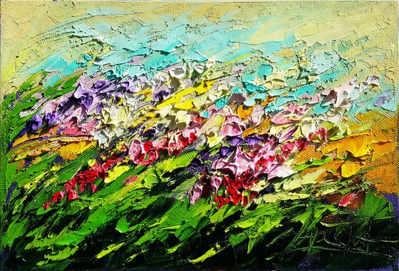 Wild flowers in the garden - Painting original oil impasto, blooming summer flowers artwork