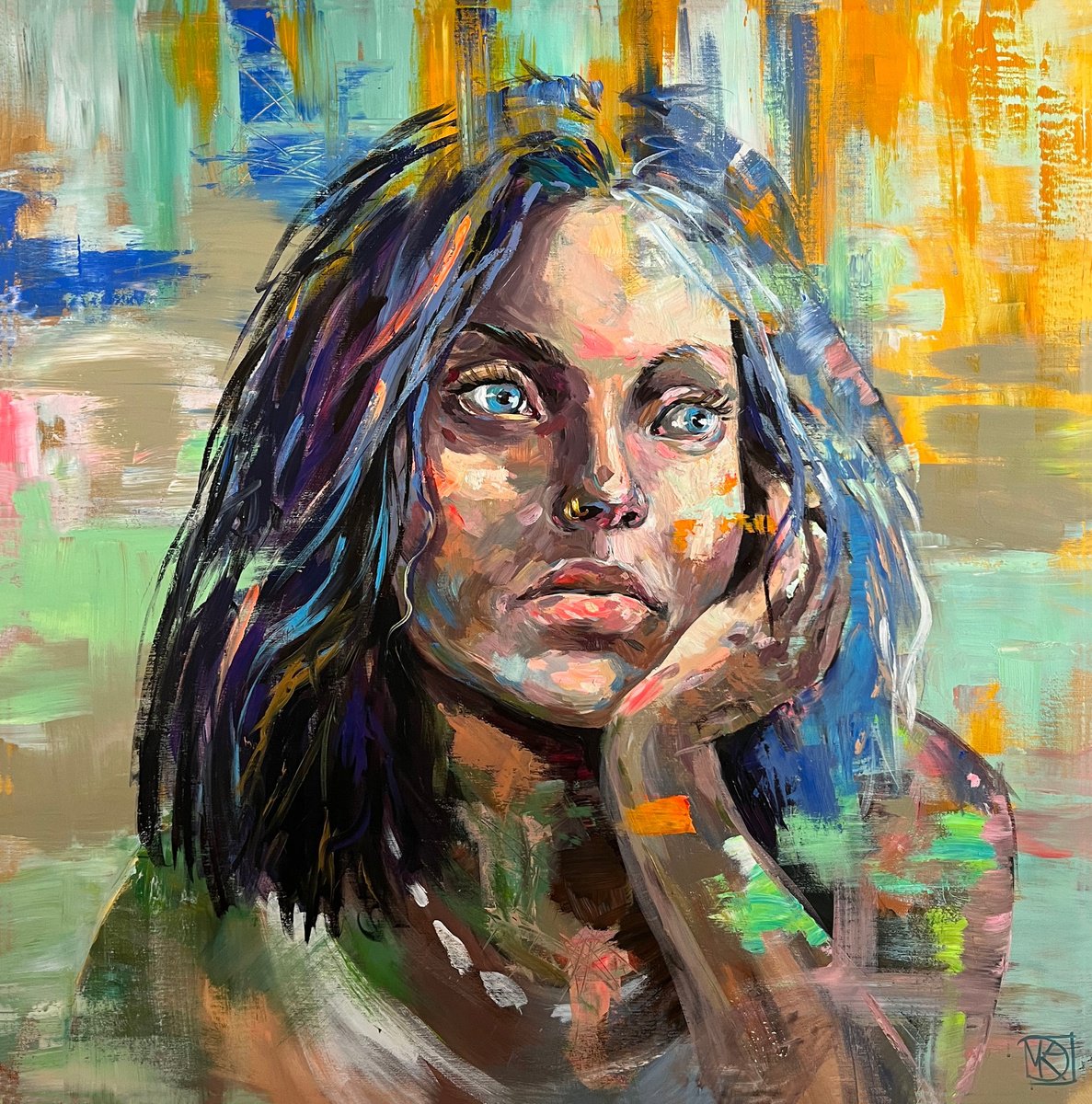 Expressive Portrait Acrylic Painting By Maria Kireev, 39 X 39", Darya, Original Artwork