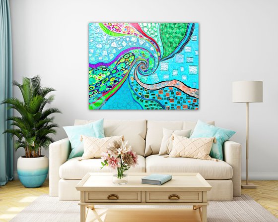 Large turquoise abstract painting. Vivid spiral abstract sea \ ocean wave.