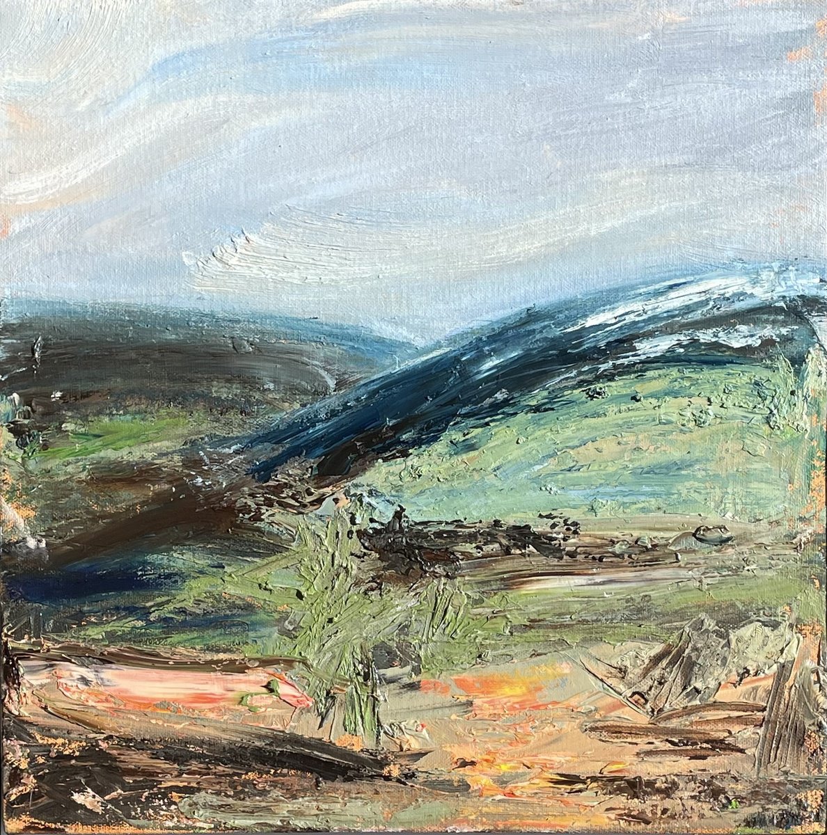 Impressionistic Landscape Oil Painting By Sherry Edmondson, 15 X 15", Blue Remembered Hills, Original Artwork