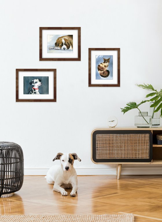 Set of three artworks with pets - St. Bernard dog, Dalmatian dog and spotted cat. Original watercolor artworks.