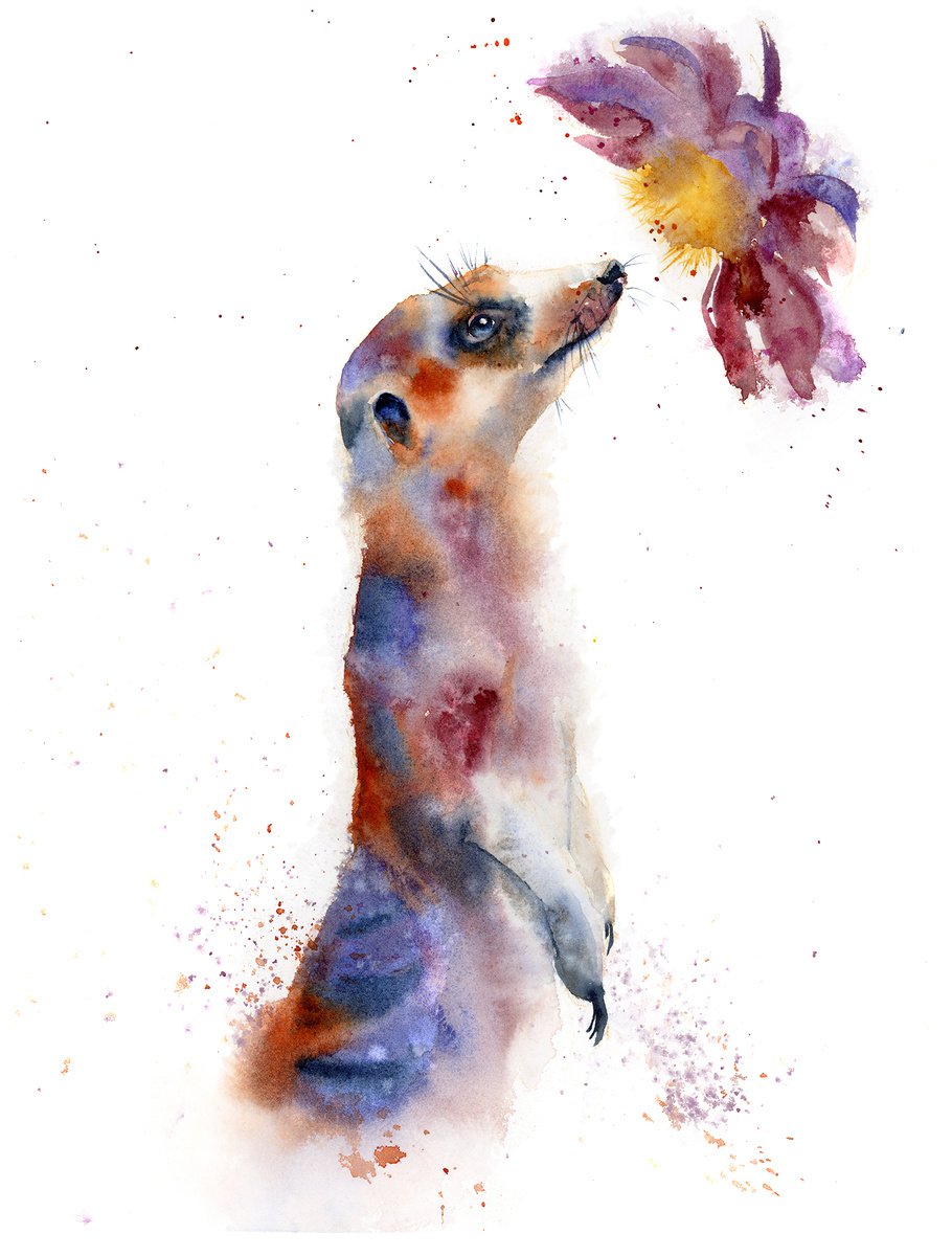 Impressionistic Animal Watercolour By Olga Tchefranov (Shefranov), 11 X 15", Meerkat Sniffing Flower, Original Artwork
