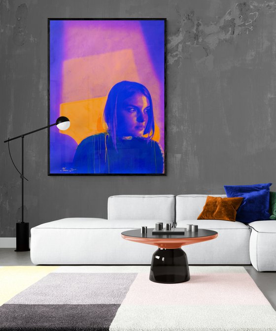 Bright painting - "Blue-orange girl" - Pop Art - Portrait - Neon art - 130x100cm