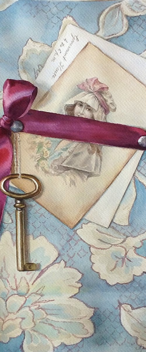 Still life of Trompe l'oeil with an antique postcard. by Yulia Krasnov