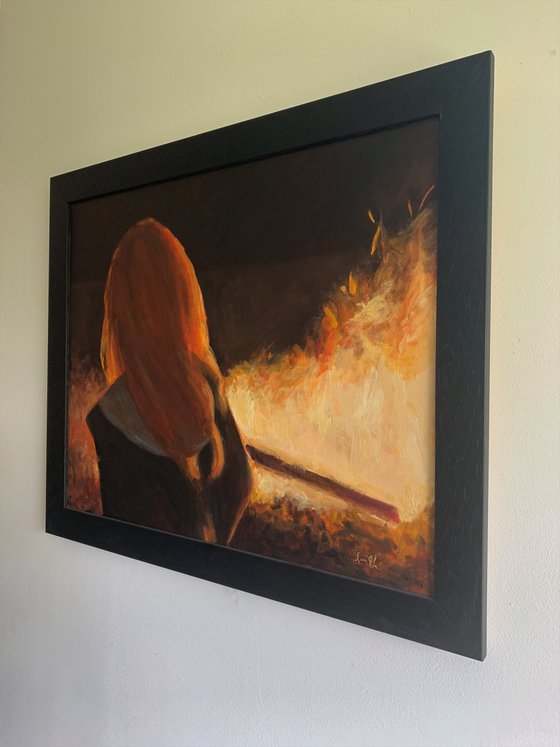 Autumnal Bonfire-Impressionist beach figure oil painting. 40x50cm framed ready to hang.