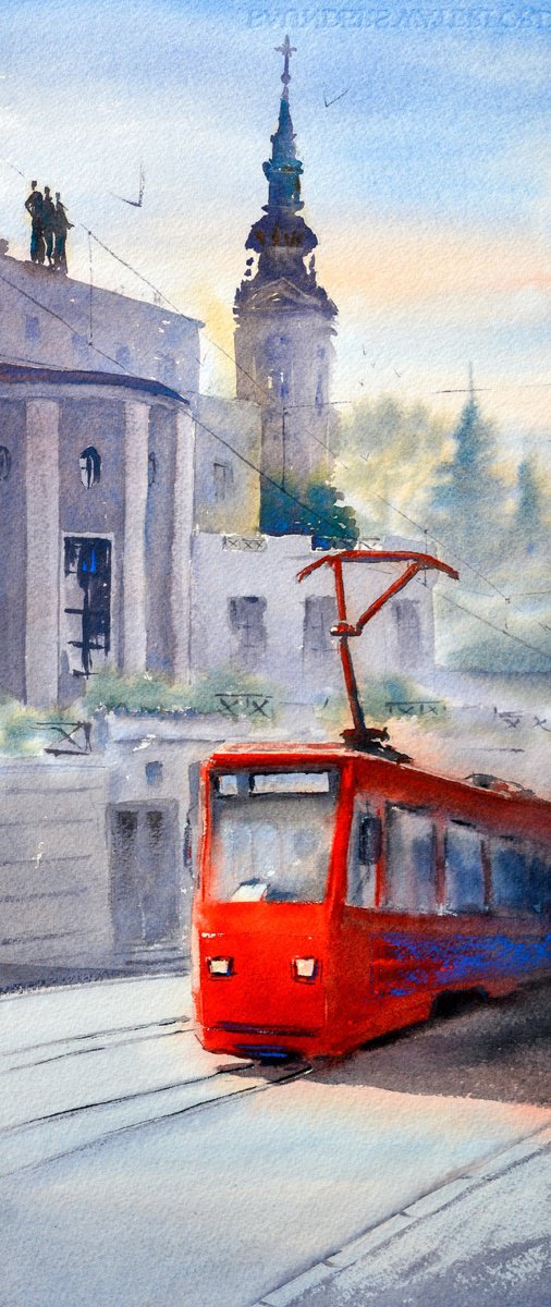 Crveni Tramvaj u Beogradu 23x54cm 2023 by Nenad Koji? watercolorist
