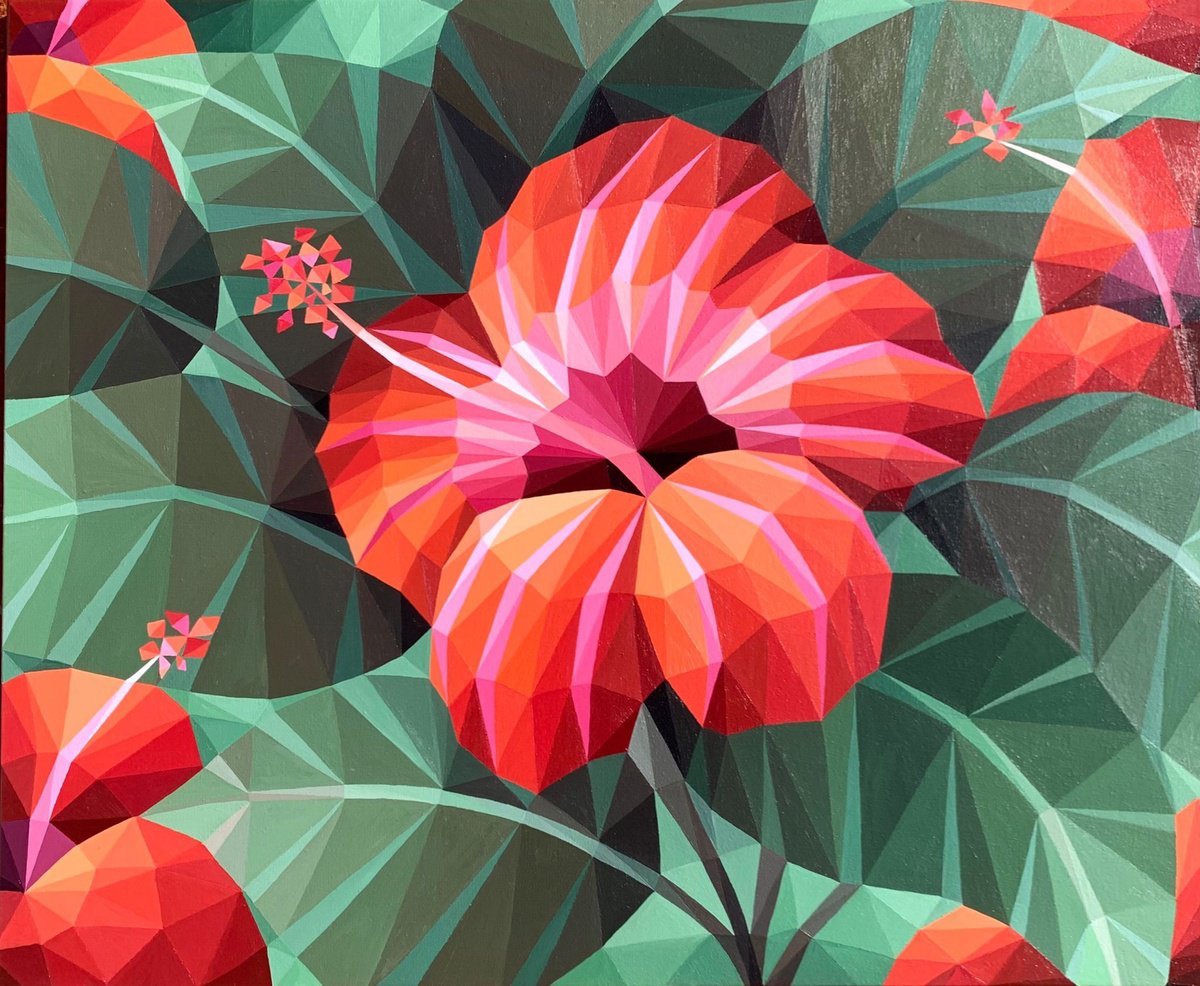 Geometric Botanical Acrylic Painting By Maria Tuzhilkina, 29 X 24", Orange Hibiscus Flower, Original Artwork