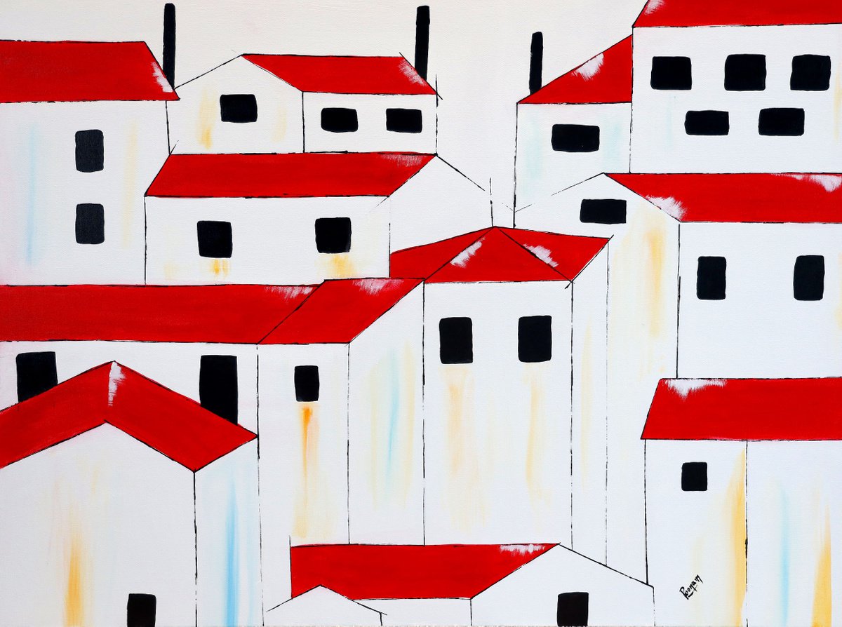 Urban And Pop Landscape Acrylic Painting By Poovi Art, 48 X 36", Landscape - Red Roofs, Original Artwork