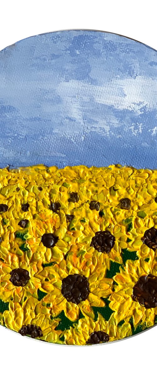 Sunflower field! Impasto painting on round canvas! Ready to hang by Amita Dand