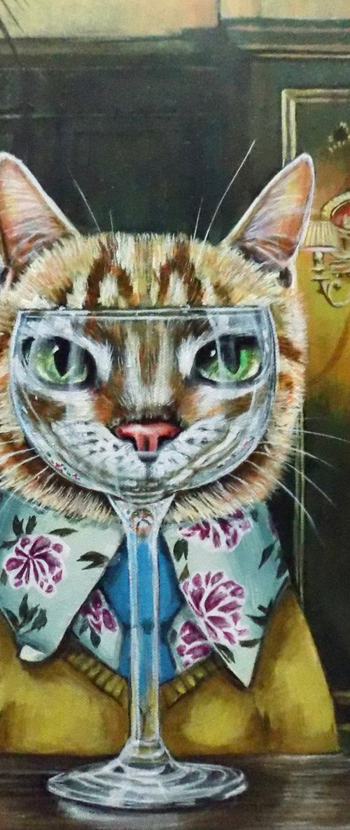 Cat in a swanky lounge painting called 'Drink Or Not To Drink' by Victoria Coleman