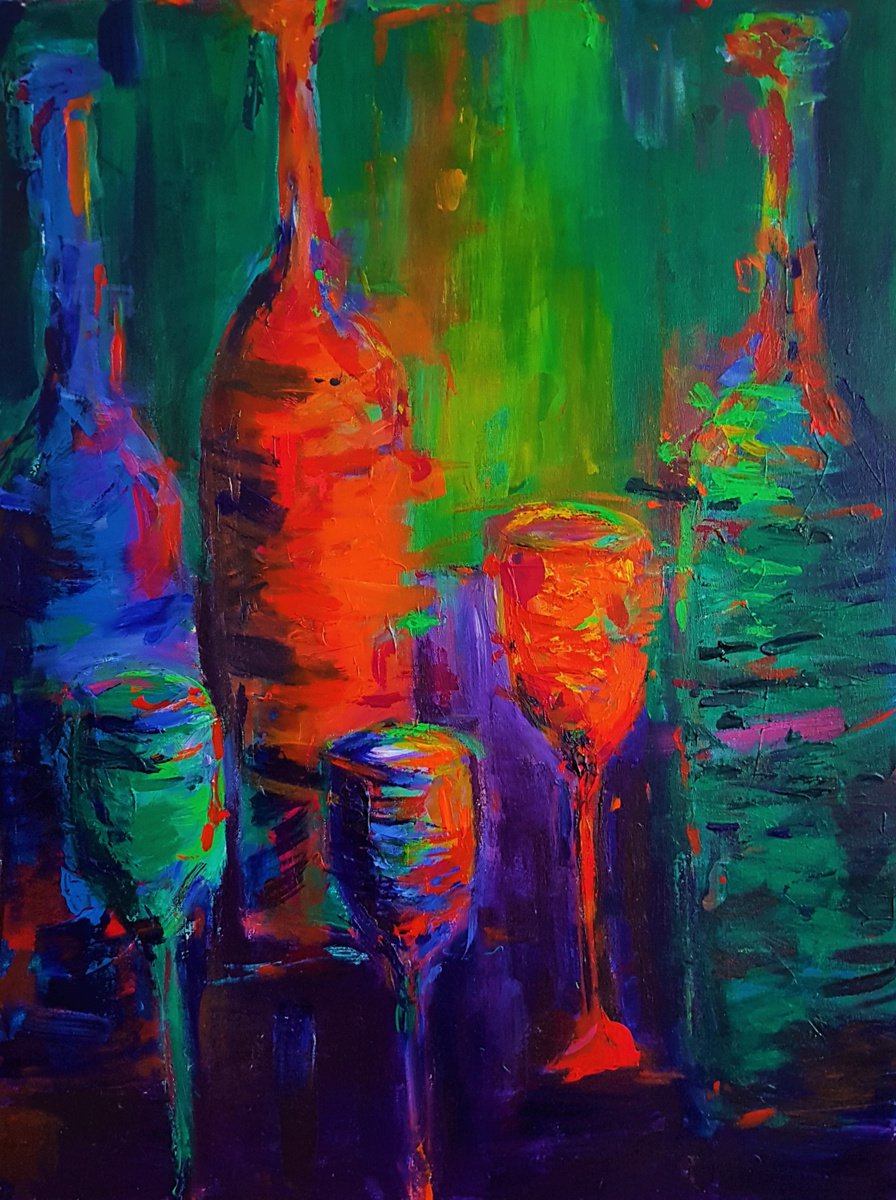 Impressionistic Still Life Acrylic Painting By Dawn Underwood, 24 X 31, Bottles And Glasses, Original Artwork