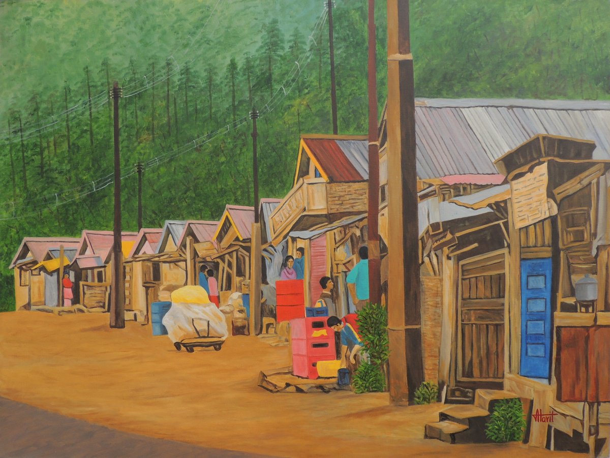 Photorealistic Landscape Oil Painting By Ajay Harit, 48 X 36, Market Scene Sikkim, Original Artwork