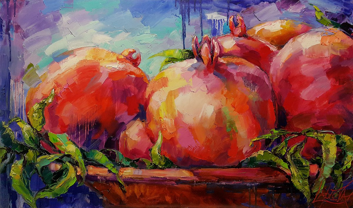 Impressionistic Still Life Oil Painting By Viktoria Lapteva, 37 X 22", Pomegranate, Original Artwork
