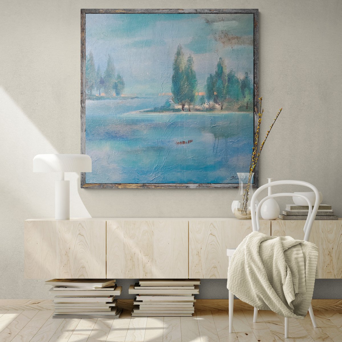 Impressionistic Landscape Oil Painting By Yaroslav Yasenev, 39 X 39", Blue Fog, Original Artwork