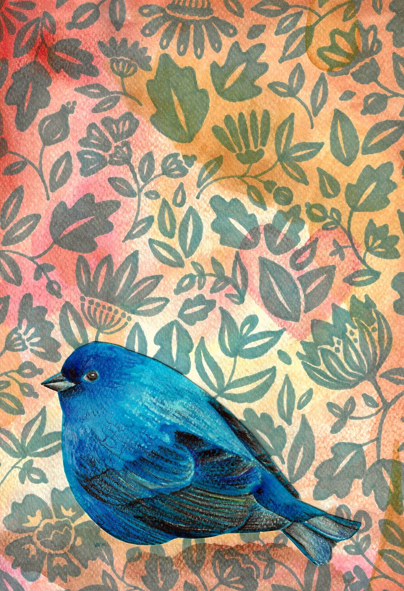 Illustrative Animal Painting By Andromachi Giannopoulou, 8 X 12, Blue Bird, Original Artwork