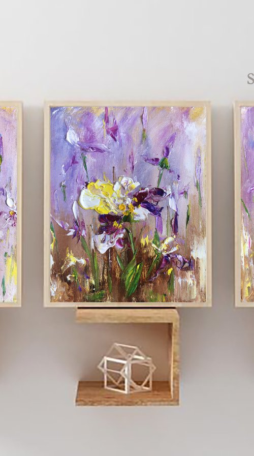 THE MOOD OF THE IRIS - Triptyh. Irises. Flowers. Gift. Lilac color. Bouquet. Garden. Garden flowers. Field irises. Mini-art. Quick painting. The best solution. Gift painting. Postcard. Season. Holidays. by Marina Skromova