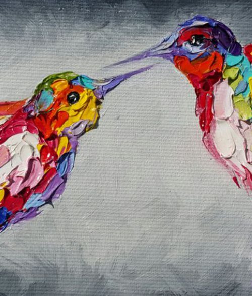 Little birds and big love - hummingbird, painting on canvas, animals oil painting, art bird, impressionism, palette knife, gift. by Anastasia Kozorez