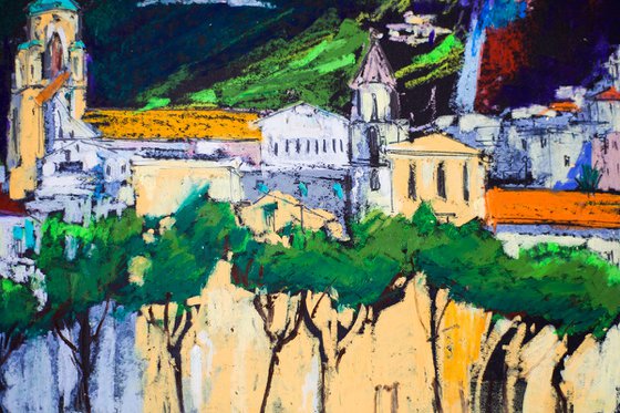 Amalfi. View from the sea. Cities of my dreams series. Medium oil pastel drawing bright colors italy