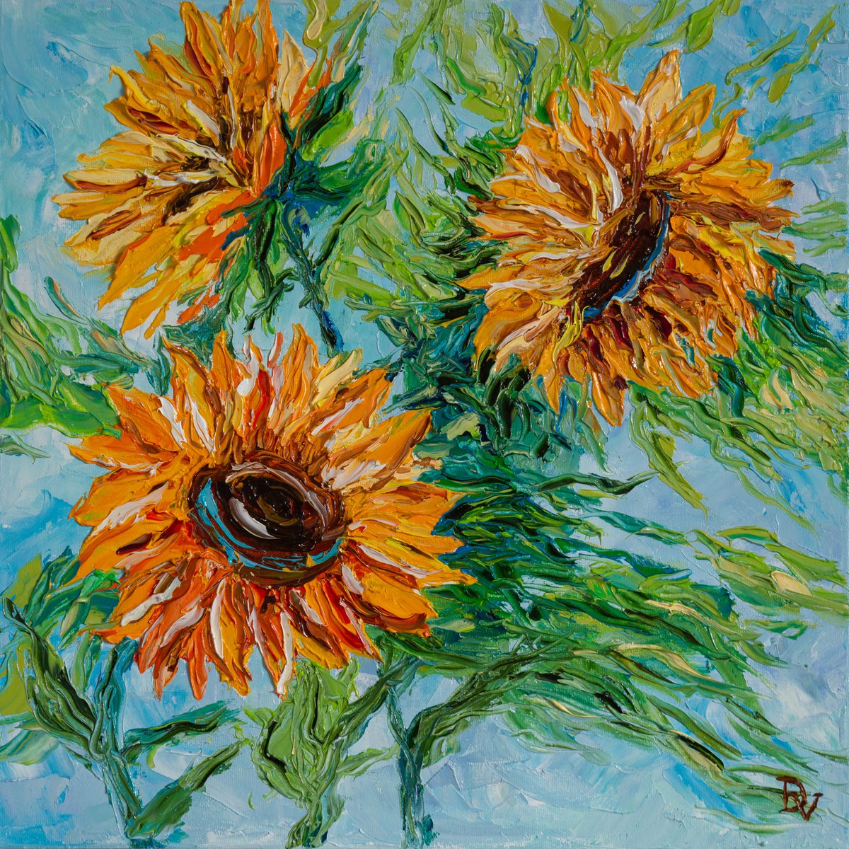 Impressionistic Botanical Oil Painting By Vladyslav Durniev, 16 X 16", Sunflowers Dance, Original Artwork