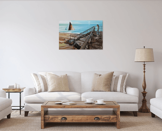 Before the Sunset - surrealistic seascape painting of the sunny afternoon on the seashore
