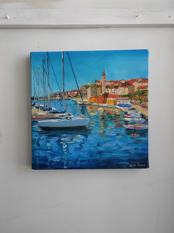 Beach towns in Tuscany oil painting blue ocean landscape wall decor 12x12"