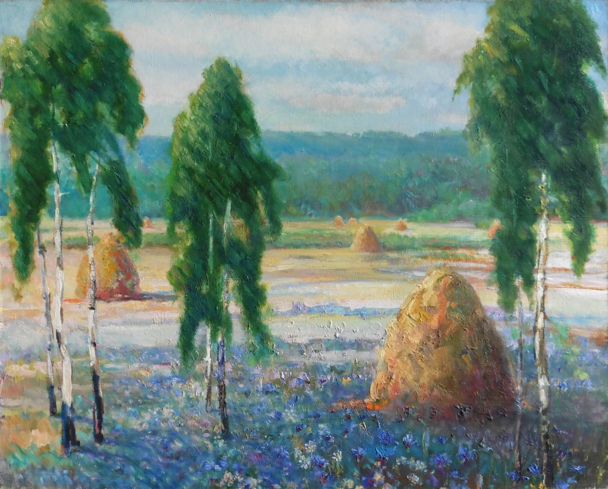 Impressionistic Landscape Oil Painting By Vyacheslav Onyshchenko, 35 X 28", On A Meadow, Original Artwork