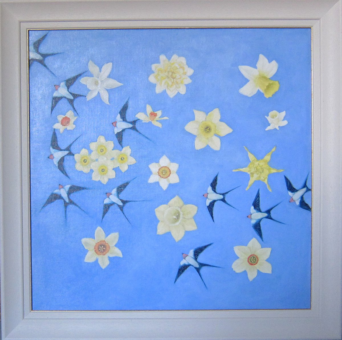Photorealistic Botanical Oil Painting By Sophie Colmer-Stocker, 24 X 24", Narcissus And Swallows, Original Artwork
