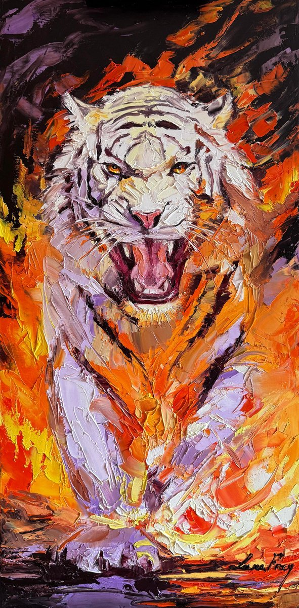 Expressive Animal Oil Painting By Lana Frey, 16 X 31", Flame Of Fury, Original Artwork