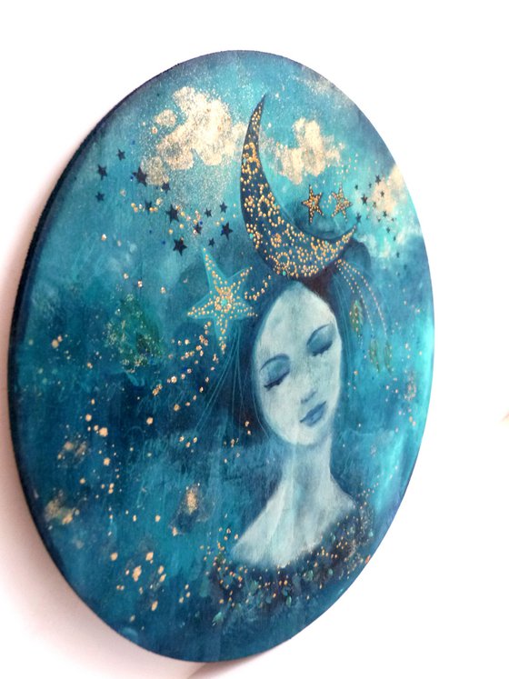 In her wildest dreams, she saw herself as a moon woman. 30 cm diameter on wood.