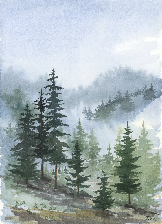 Foggy Forest. Watercolor painting. Original Art. 6 x 8