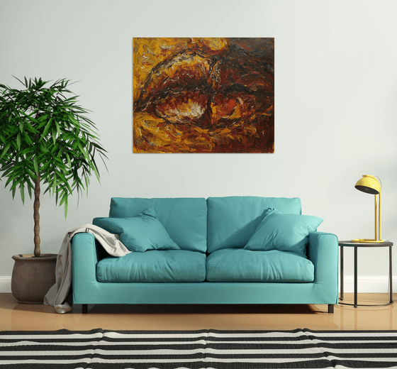 LIPS. CONFUSION OF FEELINGS - abstract large original painting, oil on canvas, brown, face lips love kiss, interior art home decor