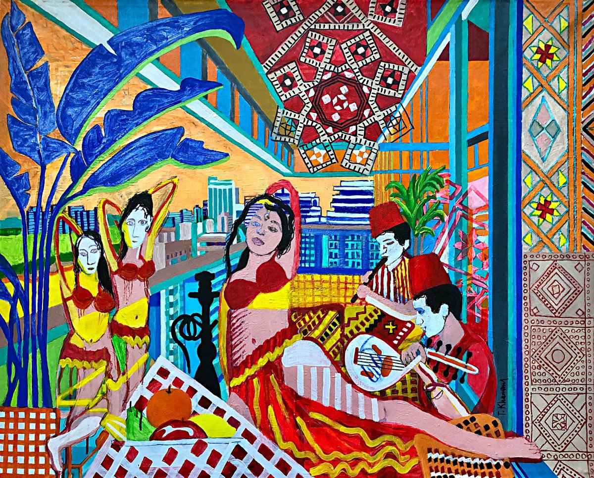 Urban And Pop Landscape Acrylic Painting By Tony Khawam, 40 X 32", South Beach Belly Boogie, Original Artwork