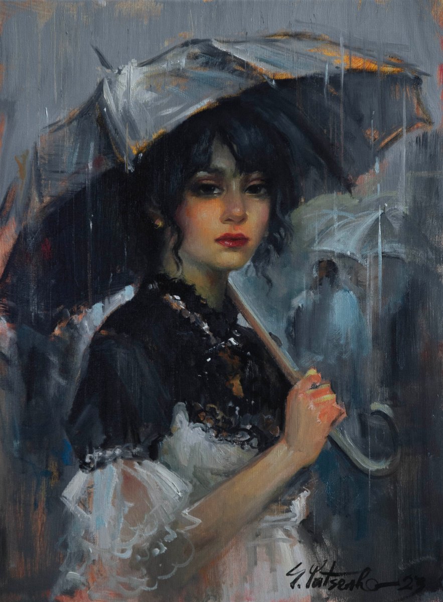 Impressionistic Portrait Oil Painting By Sergei Yatsenko, 18 X 24", Rainy Dreams, Original Artwork