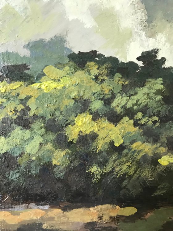 Original Oil Painting Wall Art Artwork Signed Hand Made Jixiang Dong Canvas 25cm × 30cm Park Woods small building Impressionism