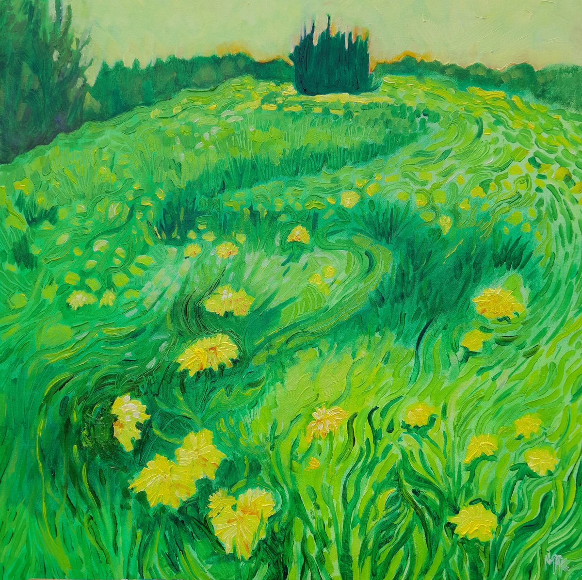 Impressionistic Landscape Oil Painting By Mary Kemp, 16 X 16", Dreamy Dandelion Spring, Original Artwork