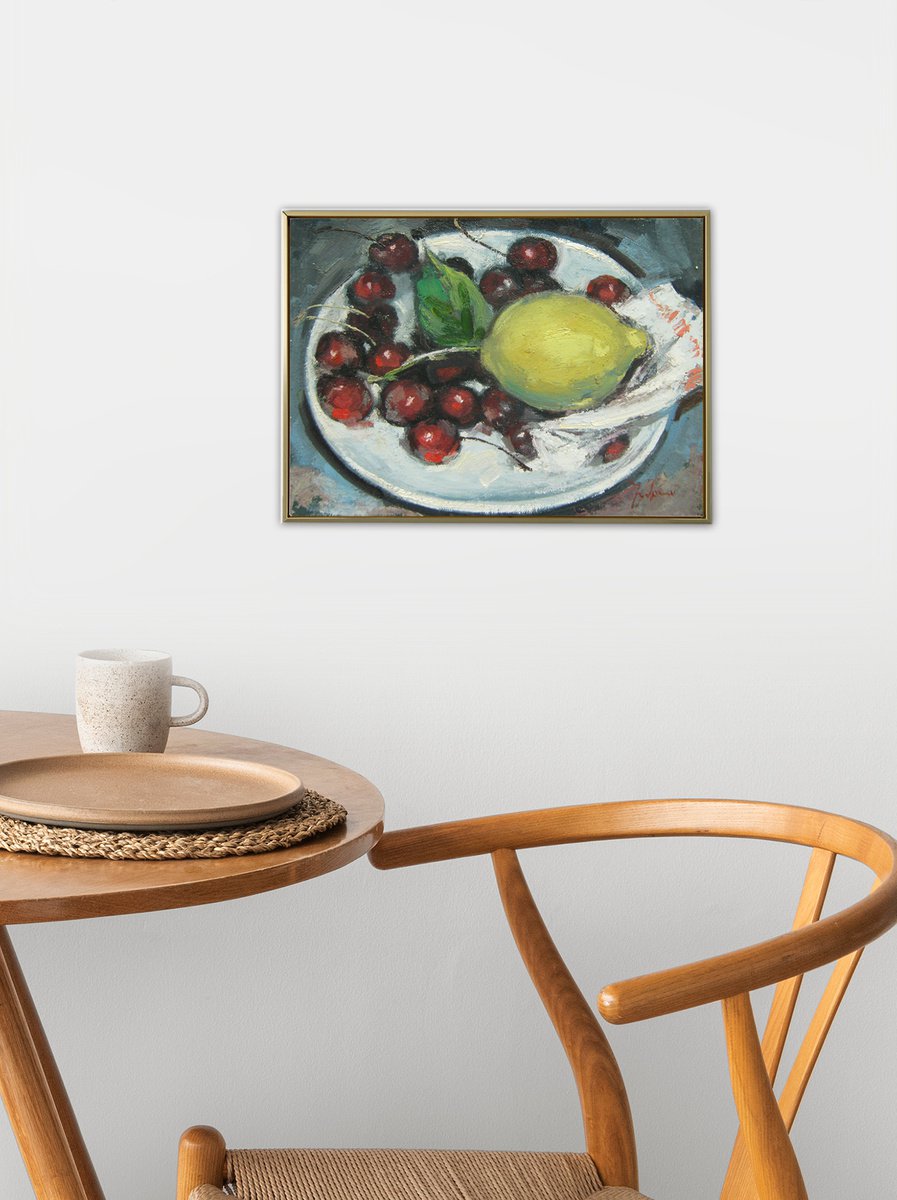 Lemon and cherries on a plate KIP-8, Mato Jurkovic, academic painter by Mato Jurkovic