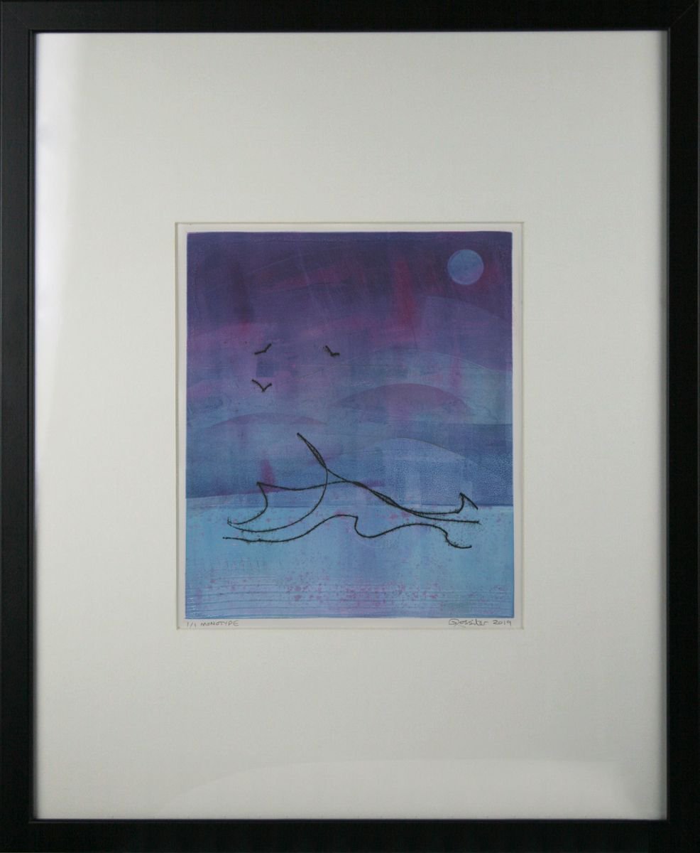 Blue Wave - Framed 50cm (20) x 40 cm (16) Original Signed Monotype by Dawn Rossiter