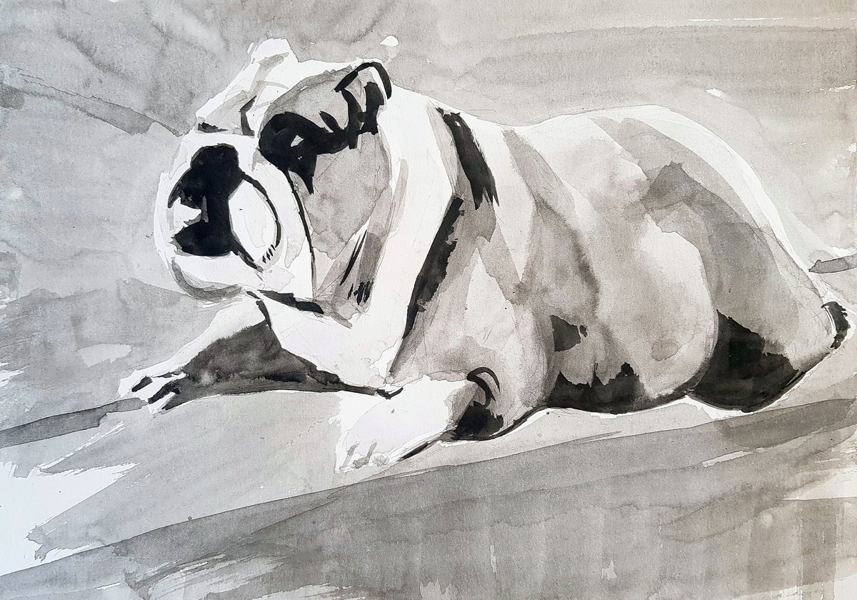 Impressionistic Animal Painting By Leonid Kirnus, 14 X 10", Lying Bulldog, Original Artwork