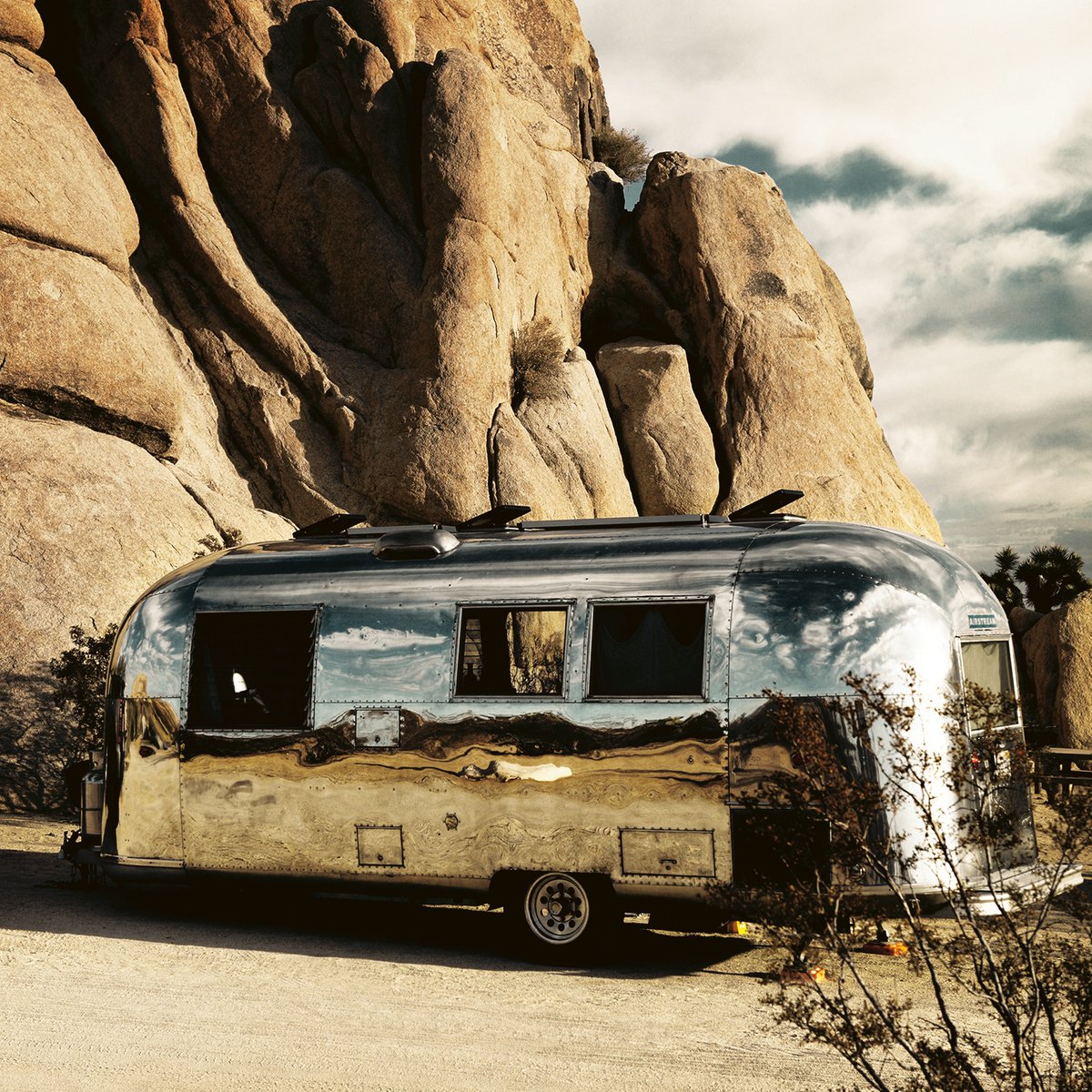 Photorealistic Landscape Photograph By Heike Bohnstengel, 12 X 12, Airstream, Joshua Tree, Original Artwork