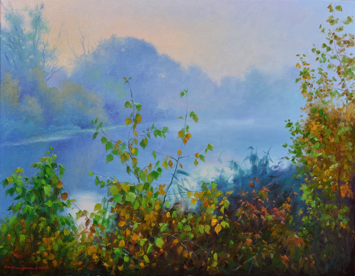Impressionistic Landscape Oil Painting By Ruslan Kiprych, 26 X 20", Autumn Fog Over The River, Original Artwork