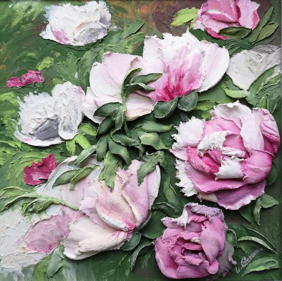 Peonies in impressionism - 3d landscape, 30x30x5 cm depts