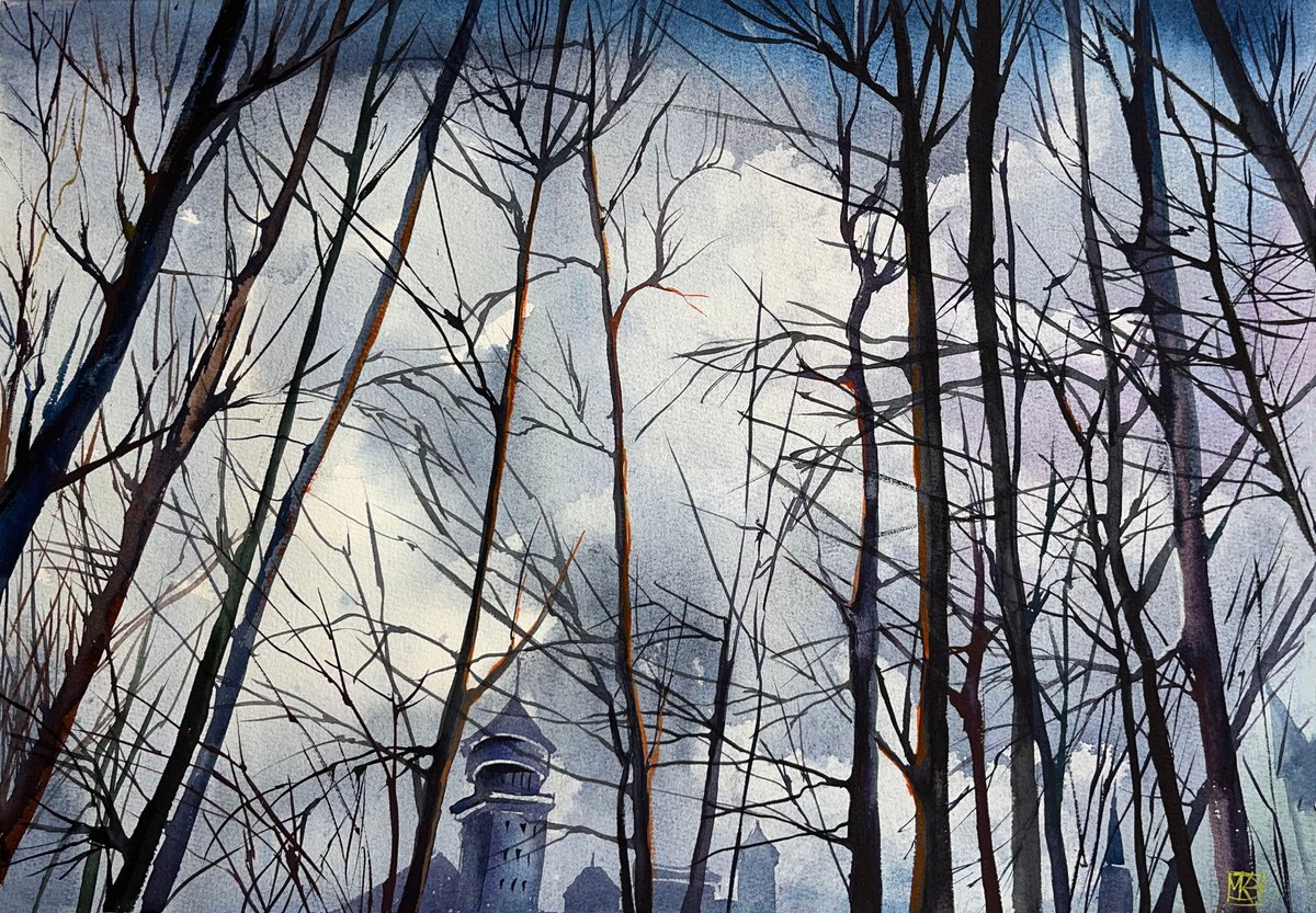 Impressionistic Landscape Watercolour By Maria Kireev, 21 X 15", Cold Sky Of November, Original Artwork