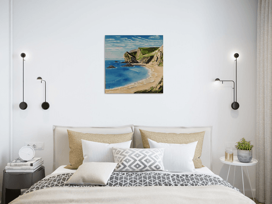 Coastline in England, original landscape sea oil painting, Gift, bedroom painting