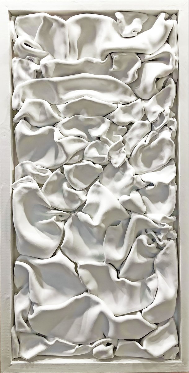 Abstract Relief By Viacheslav Zaykin, 16 X 31", Winter Garden | White Textured Wall Panel, Original Artwork