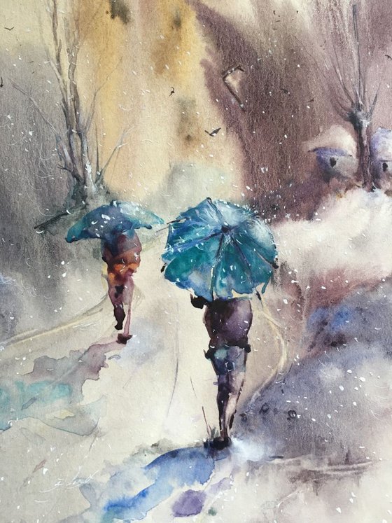 SOLD "Landscape with blue umbrellas and snowflakes"
