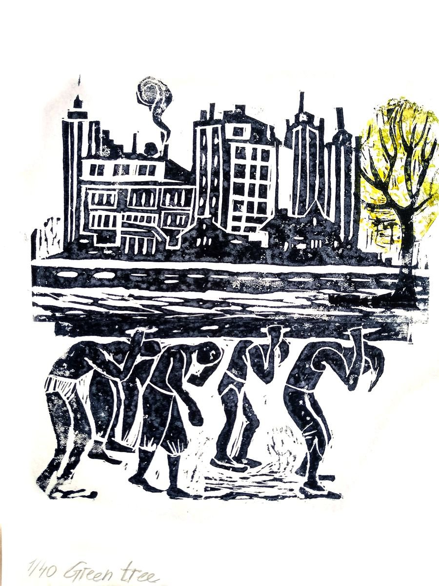 Illustrative Cityscapes Linocut By Ann Krasikova, 8 X 11, Green Tree - Linocut Print, Original Artwork